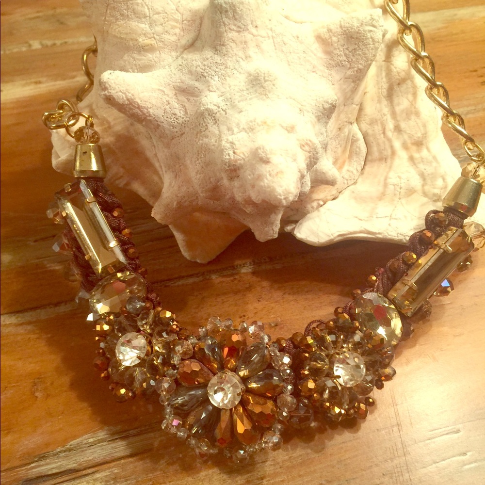 Statement Necklace, Golden & Amber toned Crystals